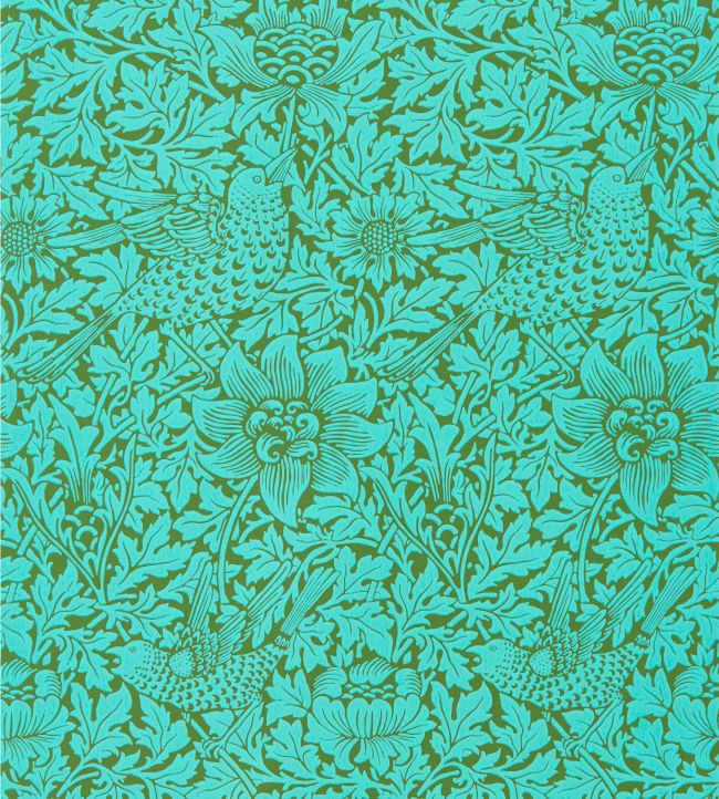 Bird & Anemone Wallpaper Olive/Turquoise